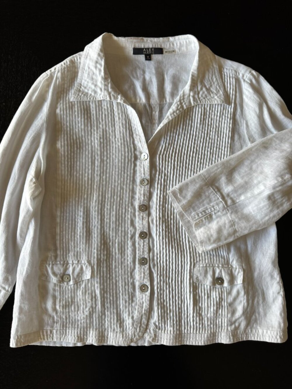 ALEX MARIE Linen White Pintuck Button‑Front Lagenlook Blouse Jacket - Size 16